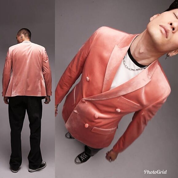 Topman slim double breasted six button velvet blazer in pink - Picture 1 of 11
